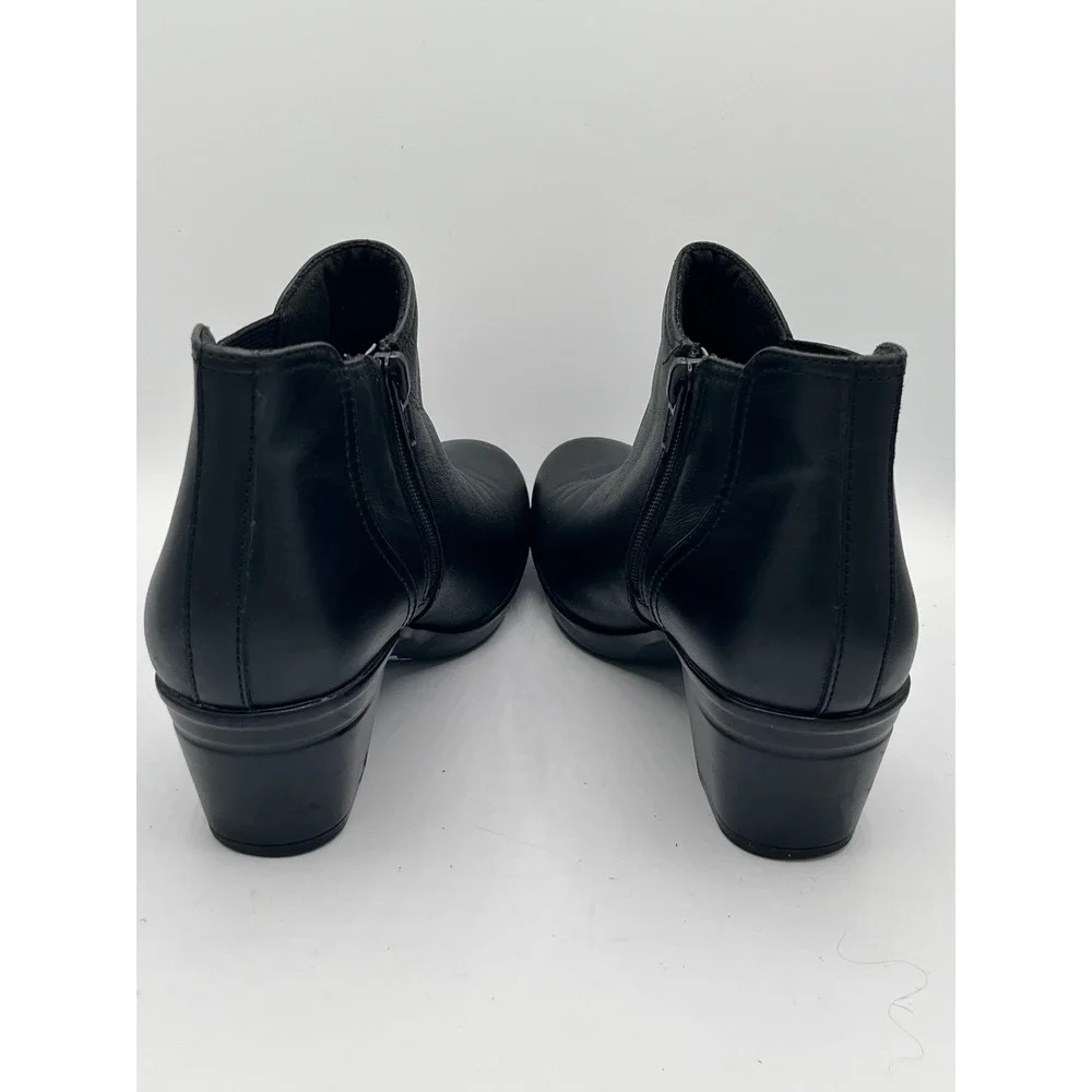 Clarks Women Black Leather Ankle Boots Block Heel Side Zip Booties Size 6.5M